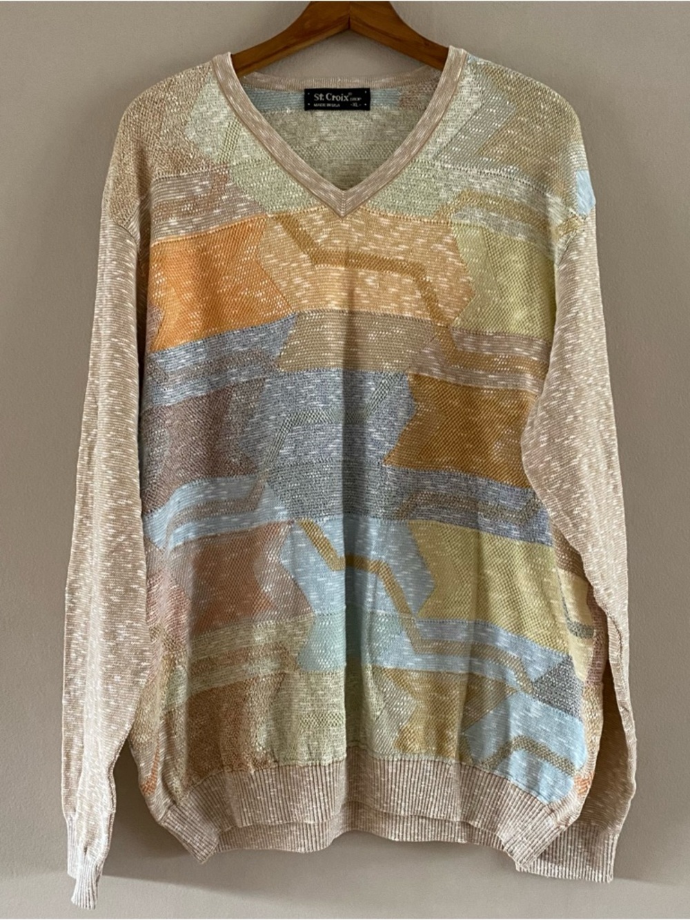 Vintage St. Croix Men’s Geometric Pastel Cotton Blend Knit Sweater Size XL